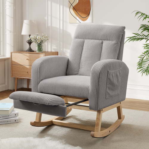 FFH Rocking Chair for Nursey, Rocking Chair with Footrest, Corduroy Armchair with High Backrest and Side Pockets, Accent Chair for Living Room, Bedroom, Gray