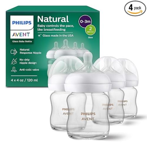Philips Avent Natural Glass Baby Bottles with Natural Response Nipples (Slow Flow, Flow 2), 4oz, 4-Pack, SCY910/04