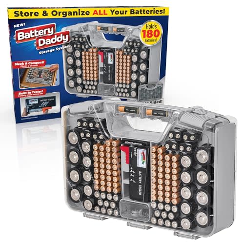Ontel Battery Daddy Storage & Organizer Case with Tester, Stores & Protects Up to 180 Batteries, Double-Sided, Durable Design W/Clear Locking Lid, Secure Latches & Portable Carrying Handle- Warm Grey
