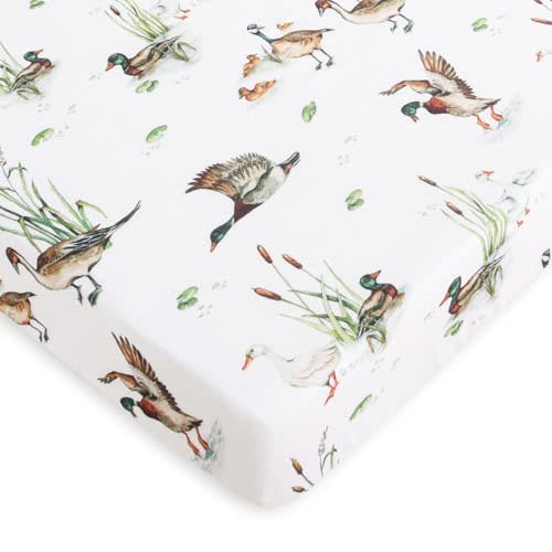 LifeTree Crib Sheets for Baby Unisex - Muslin Fitted Crib Sheets Toddler Bed Sheet, 70% Viscose from Bamboo and 30% Cotton, Fits Mini Crib & Pack and Play Playard, Mallard Duck, 26in x 38in