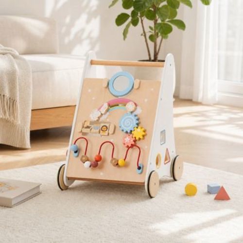 Wooden Baby Walker with Activity Center and Storage Basket for Toddlers, White