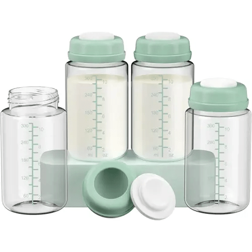 4 Pack 10oz Wide-mouth Breastmilk Storage Bottle for Momcozy 22oz Portable Breast Milk Cooler, Pumping Storage Containers Compatible with Spectra S1/S2/9 Plus/SG/Motif Luna (4PC/Green Lids)