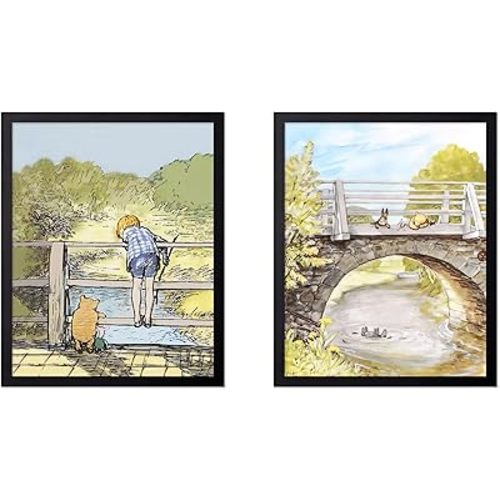 Poster Master 2-Piece Vintage Winnie Pooh and Friends Poster - Winnie Pooh on Stone Bridge Print - Story Book Art - Classic Watercolor - Aesthetic Kid's Room or Nursery Decor - 11x14 Unframed Wall Art