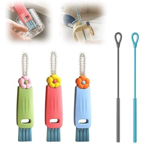 3PCS 3 in 1 Cup Lid Cleaning Brush and 2PCS Silicone Straw Cleaner Brush for Bottle, Multifunctional Crevice Portable Cup Lid Cleaning Brushes, Flexible Straws Cleaning Brush Set for Water Bottles
