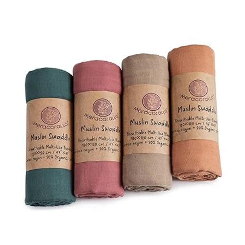 Meracorallo Muslin Swaddle Blanket, 4 Pack Neutral Swaddle Blankets, Silky Soft Receiving Blanket, Soild Color Swaddle Wrap for Baby Boys and Girls, 47 x 47 inches