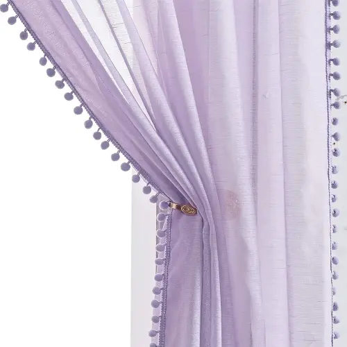 Lot de 2 rideaux transparents à pompons pour chambre de fille, 213,4 cm de long, lilas, 132,1 cm de large