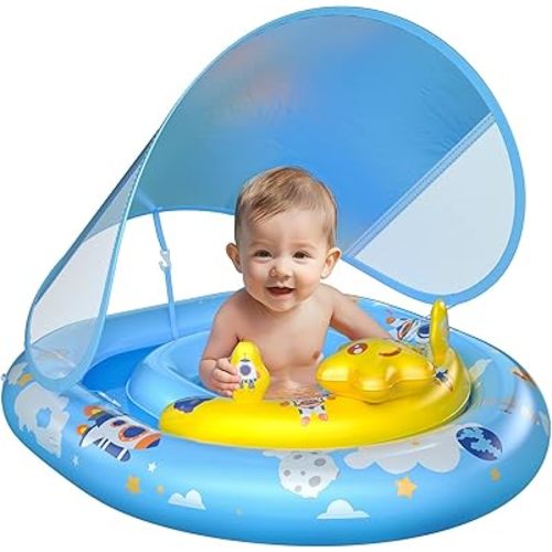 WayEee Baby Pool Float with UPF50+ Canopy - Inflatable Swim Float, Adjustable Safety Seat, Toy Play Console, Sun Protection for Baby 6-36 Months, Infant, Todder Summer Gift, Pool, Bathtub, Beach