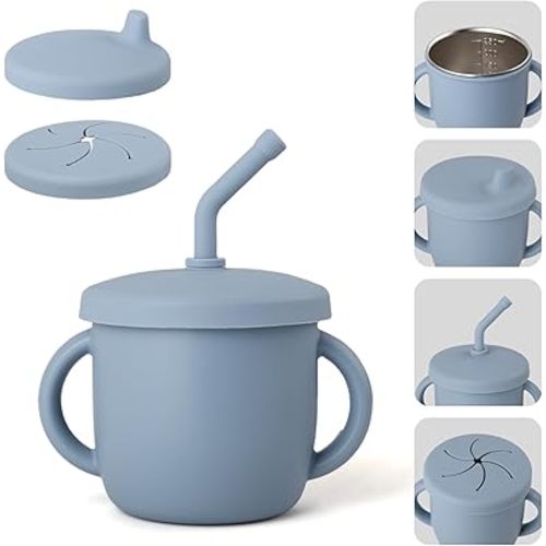 4-in-1 Stainless Steel Silicone Sippy Cup, 8.5oz Toddler Open Cup with Straw, Sippy & Snack Lids, For Baby Led Weaning, Toddlers 1-3 Years Trainning Kids Drinking, Dishwasher Safe,Cloudy Blue