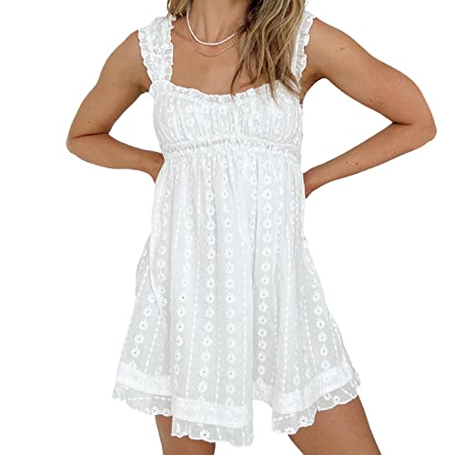 Women's Babydoll Mini Dress Floral Embroidery Summer Sleeveless Loose A Line Flowy Short Sundress for Beach Club Party