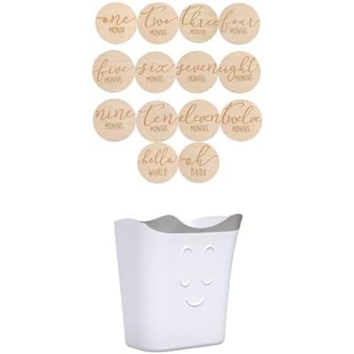 Pearhead Wooden Monthly Milestone Photo Cards - 7 Double-Sided Engraved Discs for Baby Announcement and Milestones, Gender-Neutral Photo Props for Newborn Boy and Girl, Light Wood