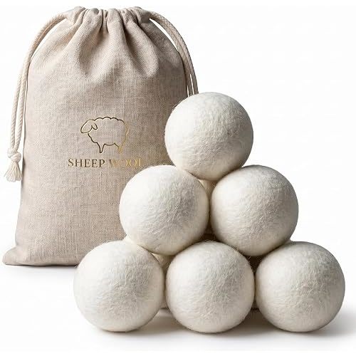 XL Wool Dryer Balls (6-Pack) - 100% Organic New Zealand Wool Laundry Balls for Dryer - Natural Fabric Softener & Reusable Anti Static Solution to Reduce Wrinkles & Shorten Drying Time
