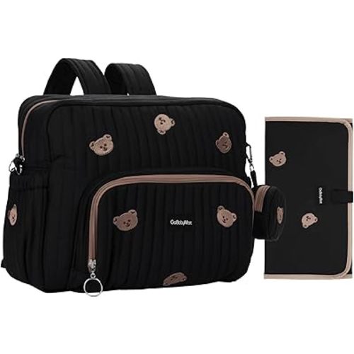 GOBABYMART Diaper Bag Backpack, Medium Maternity baby bag & Changing Pad, Insulated Pockets, Stroller Straps & Pacifier Case (Medium - Black Bears)