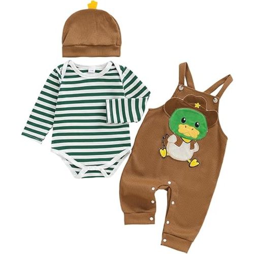 Baby Boy Clothes Set Infant Striped Long Sleeve Bodysuit Top Animal Suspender Pants Hat Newborn 3Pcs Fall Outfit