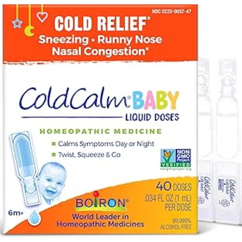 Boiron ColdCalm Baby 40 Count - Single-Use Drops for Relief from Cold Symptoms of Sneezing, Runny Nose, and Nasal Congestion - Sterile, Non-Drowsy Calm (8 Packets with 5 Liquid Doses)