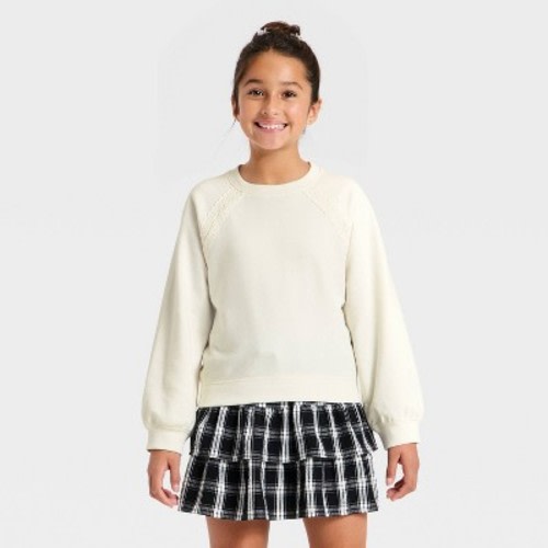 Girls' Lace Trim French Terry Crewneck Pullover Sweatshirt - Cat & Jack™ Cream S