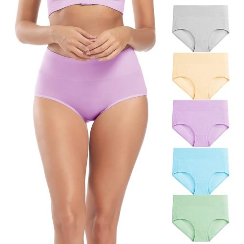 Molasus Women's Soft Cotton Underwear Briefs High Waisted Postpartum Panties Ladies Full Coverage Plus Size Underpants Pack of 5,Large