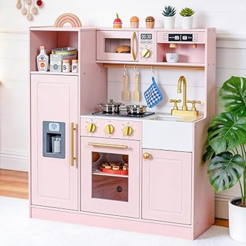 inFUNSAME Wooden Kids Play Kitchen with Lights and Sounds, 18 Accessories, Modern Design Kitchen Playset with Complete Play Areas,Gift for Girls & Boys(Ages 3+) (Pink)