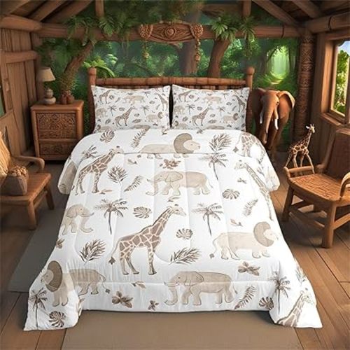 Feelyou Jungle Animals Comforter Toddler Size Elephant Lion Giraffe Animal Bedding Sets African Safari Animal Duvet Set for Kids Boys Girls Hunter Brown Rust Wildlife Down Quilt