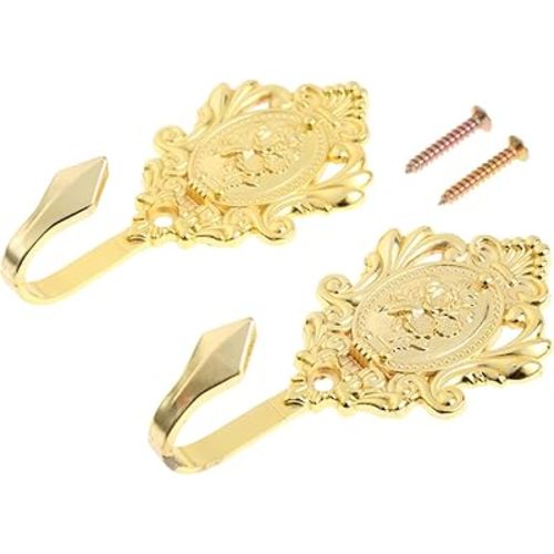 2Pcs Wall Hooks Gold Rose Pattern Carved Vintage Drapery Clothes Key Hook Bathroom Bedroom Multi-Function Decorative Hook with Screws