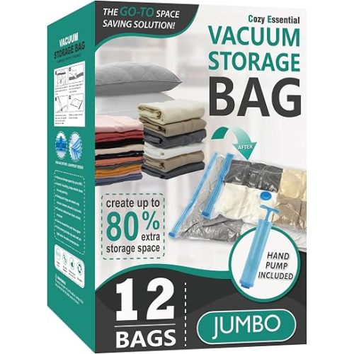 12 Jumbo Vacuum Storage Bags for Blankets & Bedding, Space Saver Bags