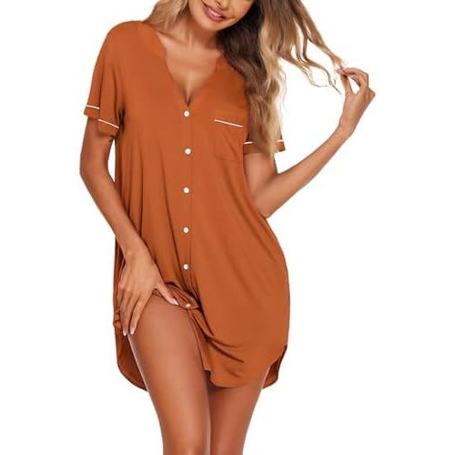 Ekouaer Nightgowns for Women Button Down Night Gowns Short Sleeve Sleep Shirt V Neck Nightshirt Soft Sleepwear Pajams Dress