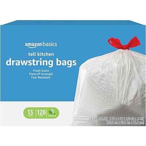 Amazon Basics Flextra Strength Tall Kitchen Drawstring Trash Bags, Fresh Scent, Tear Resistant, 13 Gallon, 120 Count