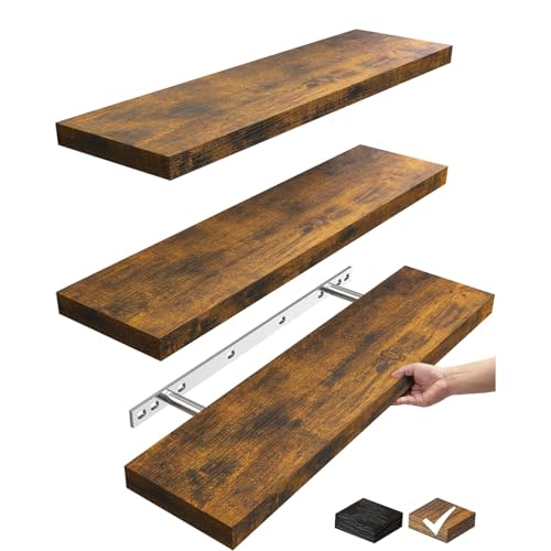 BAYKA Floating Shelves, Wall Mounted Rustic Wood Shelves for Bathroom, Bedroom, Living Room, Shelf for Books/Storage/Decor(Rustic Brown,Set of 3，22.5 inches)