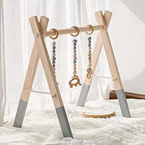 HAN-MM Wooden Play Gym with 3 Gym Toys Foldable Baby Play Gym Frame Activity Center Hanging Bar Newborn Gift Grey