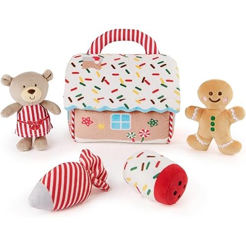GUND Baby Play Soft Collection, My First Gingerbread House 5-Piece Playset with Rattle, Squeaker and Crinkle Plush Toys, Sensory Toy for Babies, 7.5”