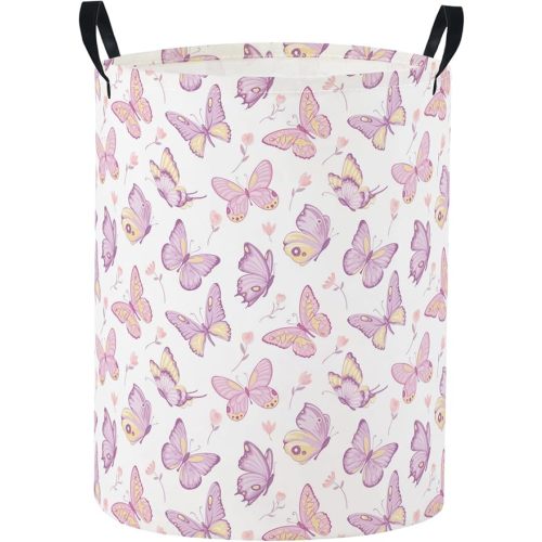 Baby Laundry Basket Baby Nursery Hamper Kids Laundry Basket Toy Storage Bin for Boys Room Decor Gift Baskets for Bedroom Bathroom(Purple Butterfly)