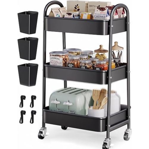 3 Tier Rolling Cart Metal with Wheels, Heavy Duty Three Tiered Rolling Storage Cart on Wheels, Black Utility Roller Carts Organizer for Baby, Art, Craft, Snack,Book, Nail, Diaper Caddy, Cleaning, Dorm
