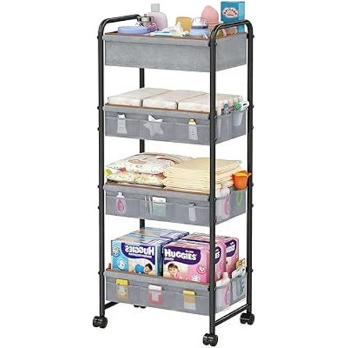4-Tier Rolling Sorage Cart,Baby Diaper Caddy Organizer, Nursery Baby Storage with Wheels, 2 Dividers & 21 Pockets，Metal Utility Cart for Nursery, Crib, Bedroom, Art & Craft Organizers