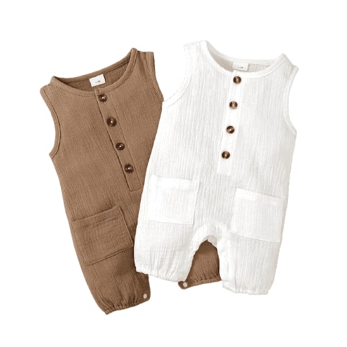 Mikrdoo Infant Summer Sleeveless Romper 2-Pack Baby Boys Pocket Snap Closure Jumpsuits Cotton Blend Baby Clothes，12-18 Months