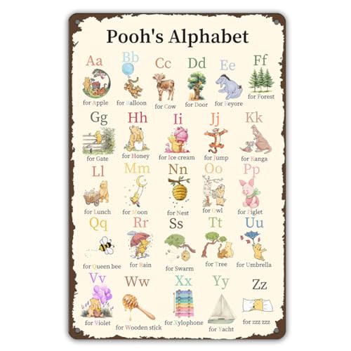 Cute Inspirational Vintage Pooh Metal Sign, Nursery Wall Art Hanger Decor, Pooh Poster Decorations, Pooh's Educational Wall Art for Classroom Wall, Kid's Rooms, Living Rooms,12x16 Inch