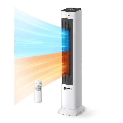 PELONIS Tower Fan Heater Combo with Remote, Oscillating Space Heater and Cooling Fan, 3 Speeds, 2 Heat Settings, ECO Mode, White