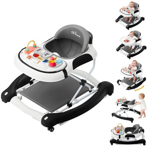 5-in-1 Foldable Baby Walker，Music and Lights Baby Walker with Wheels,Height Adjustable Infant Walker, with Activity Center, Rocker, Bouncer,Push Walker & Feeding Tray for Babies 6-18 Months (Gray)