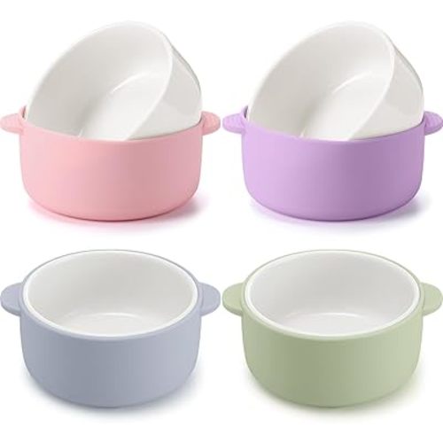 Domensi 4 Sets Kids Porcelain Bowls with Removable Silicone Sleeve 2-in-1 Porcelain Toddler Bowls Microwave Dishwasher Safe Cereal Snack Soup Dishes for Baby Children Feeding Supplies (Macaron Colors)