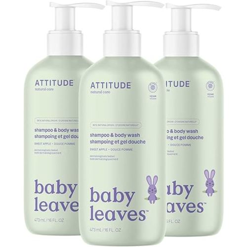 ATTITUDE 2-in-1 Shampoo and Body Wash for Baby, EWG Verified, Dermatologically Tested, Made with Naturally Derived Ingredients, Vegan, Sweet Apple, 16 Fl Oz (Pack of 3)