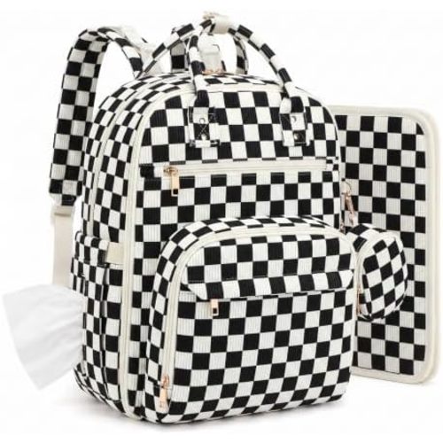 Corduroy Diaper Bag Backpack with Insulated Bottle Pockets, Checkered Black