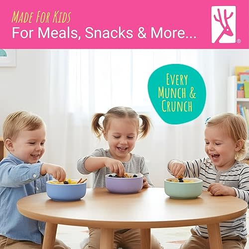Elk and Friends Kids Porcelain Bowls with Silicone Suction Sleeves | Lids Included | Suitable for Babies/Toddlers | Microwave & Dishwasher Safe | Stay Put Dinnerware | Snack Dishes | 4 Pack