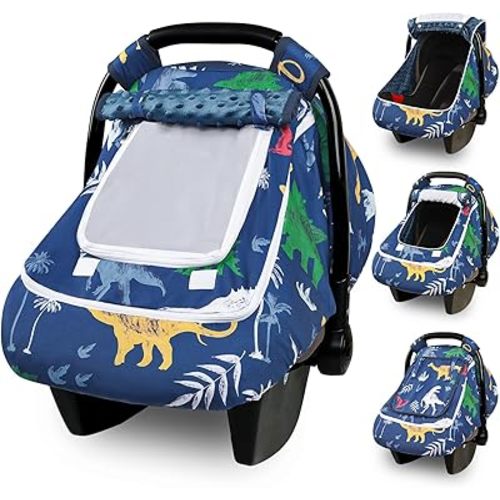 Hooyax Baby Car Seat Cover with Dual Zipper, Extra Large Mesh Window Carseat Canopy, All-Season Weather Protection for Infant Car Seats & Strollers (Dinosaur)