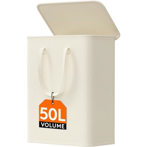 Lifewit 50L Slim Laundry Hamper, Small Laundry Basket with Lid, Dirty Narrow Collapsible Clothes Storage with Easy Carry Extended Handles, Tall Hampers for Bedroom Laundry Room, White, 1 Pack