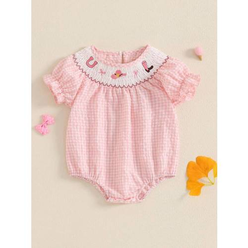 Newborn Baby Girl Western Clothes Smocked Bubble Romper Short Sleeve Dots Bodysuit Infant Summer Cowgirl Outfit | SHEIN USA