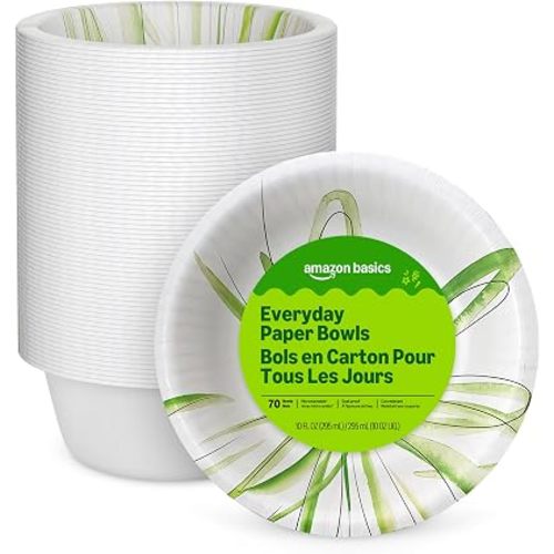 Amazon Basics Everyday Paper Bowls, 10 Oz, Disposable, 70 Count, White, Packaging May Vary