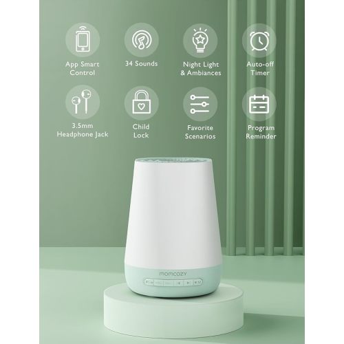 Baby Sound Machine, Momcozy White Noise Machine for Baby Sleeping with Night Light, Toddler Sleep Trainer with 34 Soothing Sounds, Timer, App Remote Control, Personal Sleep Routine(Green)