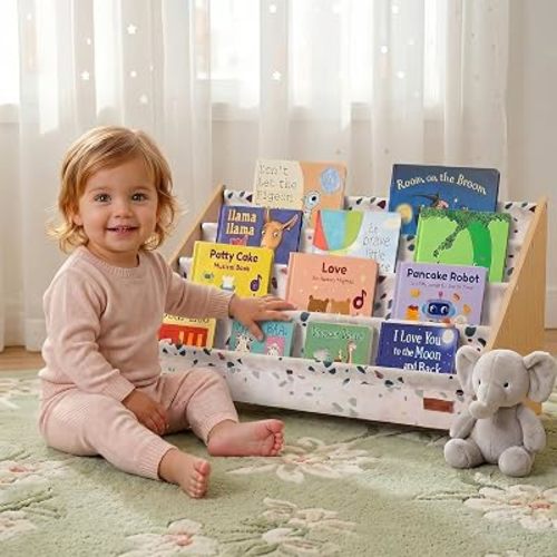 PERFNIQUE Montessori Kids Bookshelf, Wooden Front-Facing Baby Bookcase Organizer for Toddlers, 4-Tier Sling Decorative Book Rack with Deep Pockets for Kid Rooms, Nursery, Playroom & Reading Corner