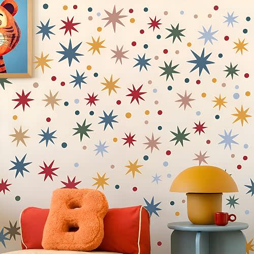 Whimsical Stars and Dots Vinyl Wall Stickers, Wild Earth Colourful Stars, Cosmic Carnival, Removable & Repositionable, Irregular Star Wall Sticker Decals Nursery Playroom Decor (120 PCS)