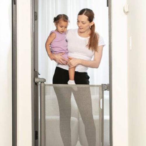 Retractable Baby Gate Gray for Stair and Doorway, 33" Tall Extends up to 55" Easy-to-Install Gray Retractable Mesh Baby Gate, Hardware Mounting Kit