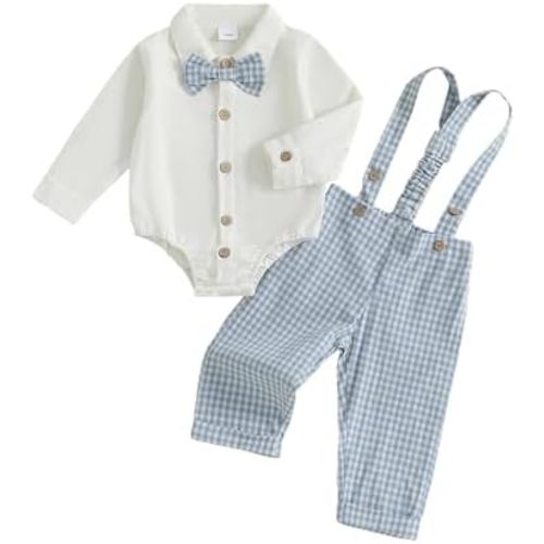 Infant Baby Boys Gentleman Outfits Long Sleeve Bowtie Romper+Suspender Overalls Pants Set Wedding Set Formal