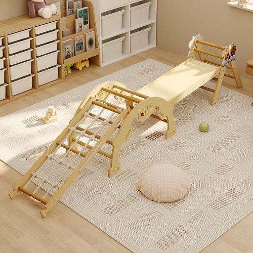 PeakPursuit 4 in 1 Toddler Climbing Toys Indoor with Ramp, Arch and Ladder, Pikler Triangle Set with Wood Construction, Montessori Climbing Set for Toddlers 1-3, Baby, Kids